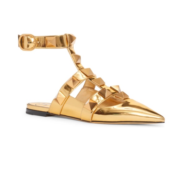 NIB $1200 Valentino Roman Stud Metallic Ankle-Strap Ballerina Flats in size 38.5 - Picture 1 of 14
